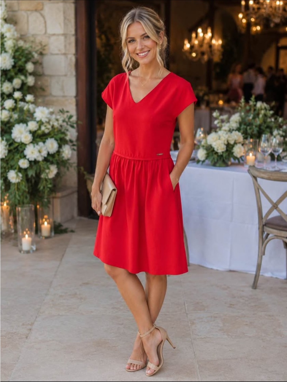 Armani Exchange Red V-Neck Short Sleeve Midi Dress